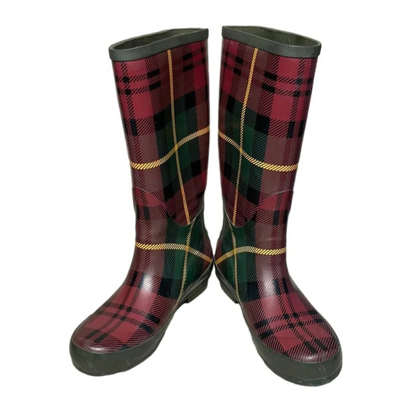 Women's LLBean Wellie Rain Boots‎ Black, Red Plaid Rubber Boots Size 7 - Picture 1 of 7